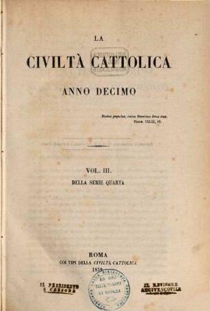 La civiltà cattolica : pubbl. periodica per tutta l'Italia. 4, 3 = A. 10. 1859