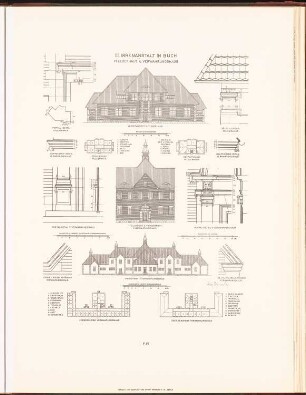 Irrenhaus, Berlin-Buch: Ansicht, Details Pflegehaus, Grundriss EG, 1.OG, Rückansicht, Details Verwahrungshaus (aus: Neubauten der Stadt Berlin, Bd. VII, 1908)