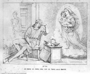 Vita di Raffaelle da UrbinoTaf. VIII: Raphael hat eine Eingebung für seine Malerei - Vita di Raffaelle da Urbino : in 12 tavole / disegnata ed incisa da G. Riepenhausen, Roma 1833