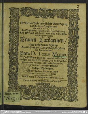 Der Seelen Beste, bey christl. Leich-Bestattung der Frauen Catharinen, geb. Öhmin, des Dr. Tobiae Möbii Eheliebsten