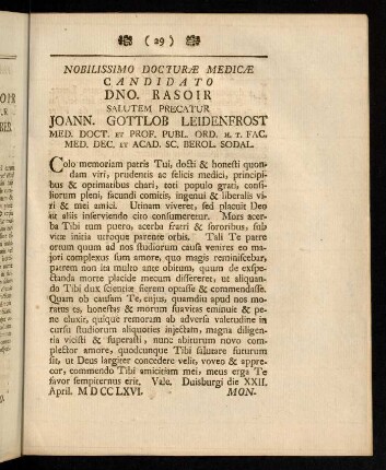 29, Nobilissimo Docturae Medicae Candidato...