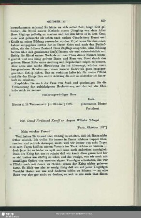 David Ferdinand Koreff an August Wilhelm von Schlegel, Paris, Oktober 1807