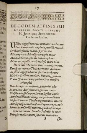 De Eodem Affinis Sui Oculitus Amati Elencho M. Johannes Schroderus Treisensis Hastus.