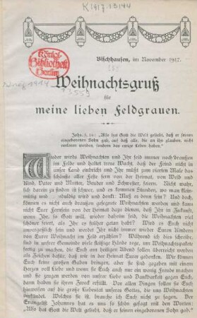 Weihnachtsgruß für meine lieben Feldgrauen : Bischhausen, im Dezember 1917