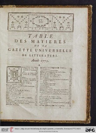Table des matieres de la Gazette universelle de littérature