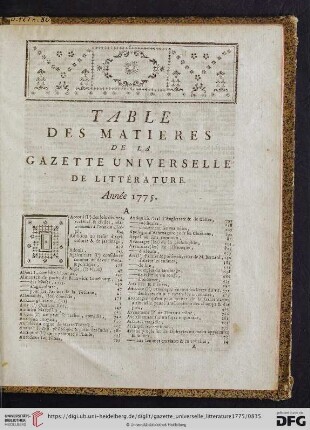 Table des matieres de la Gazette universelle de littérature