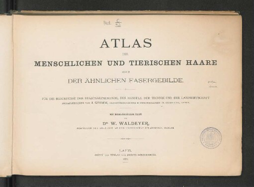 Atlas der menschlichen und tierischen Haare sowie der ähnlichen Fasergebilde : für die Bedürfnisse der Staatsarzneikunde, des Handels, der Technik und der Landwirtschaft