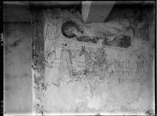 Hochhausen Evangelische Notburga-Kirche Innenansicht - Westwand Langhaus nördlicher Teil Wandmalerei Szenen der Notburga-Legende Einsegnung der Leiche der heiligen Notburga (um 1500)