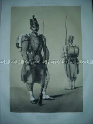 Uniformdarstellung, Grenadier und Füsilier der Linien-Infanterie in Marsch-Uniform, Frankreich, 1858. Tafel 9 im Buch: Armand-Dumaresq: Uniformes de l'Armée Française.