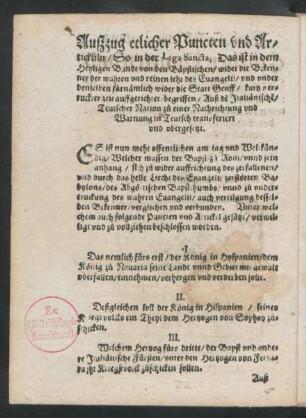 Außzug etlicher Puncten und Artickuln/ So in der Liga Sancta ... begriffen ...