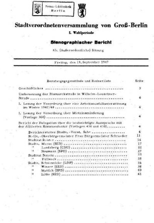 Nr. 43, 19. September 1947, Außerordentliche Sitzung