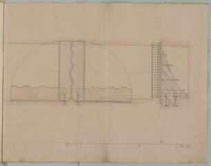 Drehbrücke, Längsschnitt und Aufsicht : Drehbrücke, Längsschnitt und Aufsicht, unbekannter Zeichner, 1701/1800. Feder, Graphit, Pinsel in Wasserfarbe/Papier. 46,4 x 59,2 cm. Maßstab mit Maßeinheit "Saxe Elen" (20 Sächsische Ellen=21,4 cm).