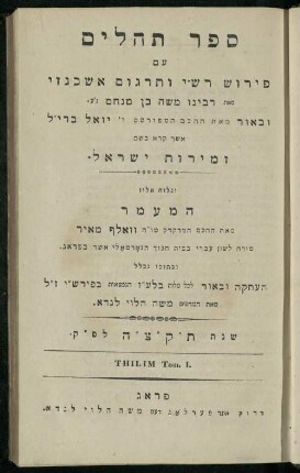 14: Sefer Tehilim : ʿim Perush Rashi ṿe-targum Ashkenazi me-et Rabenu Mosheh ben Menaḥem n.ʿE., u-veʾur me-et ha-ḥakham ha-mefursam R. Yoʾel Bril asher ḳara be-shem Zemirot Yiśraʾel, ṿe-nilṿeh elaṿ ha-Maʿamar me-et ha-ḥakham ha-medaḳdeḳ mo.h. Ṿolf Meʾir (moreh lashon ʿIvri be-vet ḥinukh ha-normali asher be-Prag), u-ve-tokho nikhlal haʿtaḳah u-veʾur le-khol milot be-laʿaz ha-nimtsaʾot be-Fe. Rashi z.l.