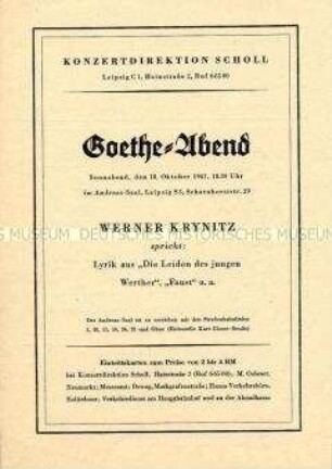 Programmblatt zu einem Literatur-Abend mit Werken von Johann Wolfgang von Goethe