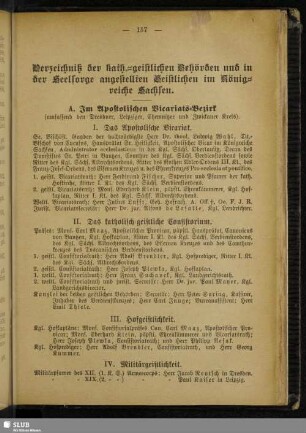 Verzeichniß der kath.-geistlichen Behörden und in der Seelsorge angestellten Geistlichen im Königreiche Sachsen