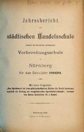 Jahresbericht der Städtischen Handelsschule in Nürnberg : Schuljahr .... 1891/92