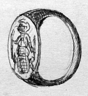 Fingerring, auf der Platte roh eingeschnitten weibliche Gottheit mit zwei Fackeln und Reh neben sich stehend (Artemis)