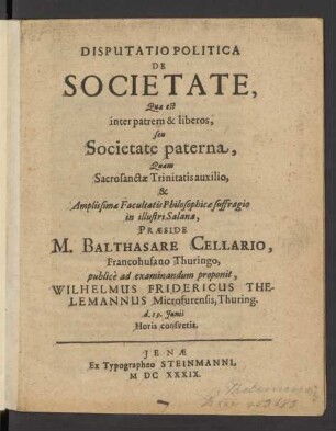 Disputatio Politica de Societate, Quae est inter patrem & liberos seu Societate paterna