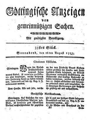 33stes Stück. Sonnabend, den 16 August 1777.