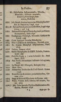 87-118, VI. Philosophia Instrument, Moralis, Naturalis, Historia Naturalis, Botanica, Metallurgia, Anatomia, Medicina - XI. Politica & Jurisprudentia