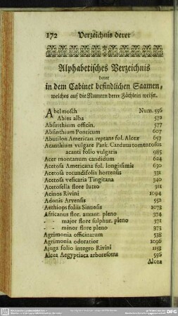 Alphabetisches Verzeichnis derer in dem Cabinet befindlichen Saamen, welches auf die Numern derer Fächlein weiset