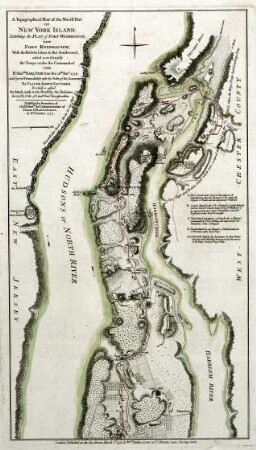 WHK 28 Nordamerikanische Kriege von 1775-1782: Topographische Karte des nördlichen Teils von New York Island, mit einem Plan von Fort Washington, nun Fort Knyphausen, mit den Stellungen der amerikanischen Truppen nach dem Angriff der Hessen unter Gen. Knyphausen am 16. November 1776
