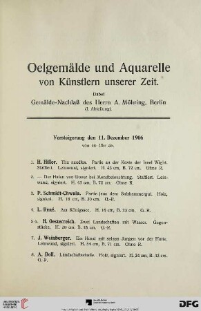 Oelgemälde und Aquarelle von Künstlern unserer Zeit (Nr. 1-190)