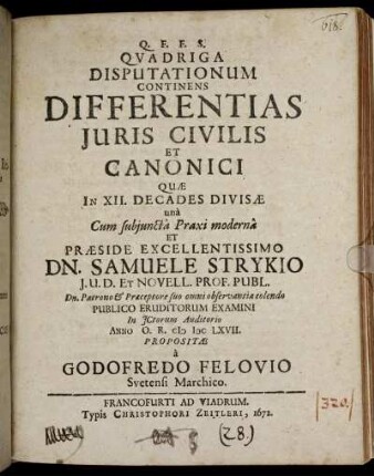 Quadriga Disputationum Continens Differentias Iuris Civilis Et Canonici