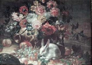 Blumenstilleben mit weißem Kaninchen