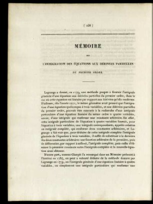 Mémoire sur L'intégration des équations aux dérivees partielles.