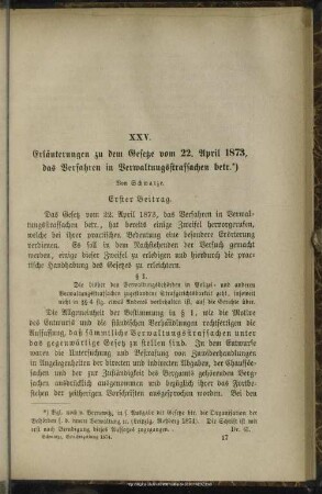 XXV. Erläuterungen zu dem Gesetze vom 22. April 1873, das Verfahren in Verwaltungsstrafsachen betr.