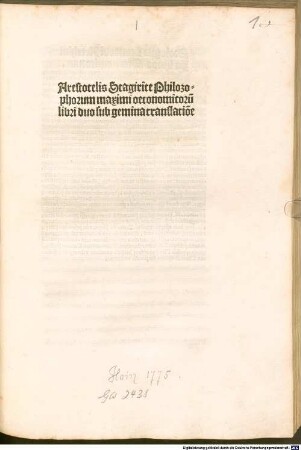 Arestotelis Stagirite Philozophorum maximi oeconomicoru[m] libri duo : sub gemina translatio[n]e