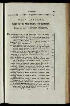 Taxa Laborum. Taxe für die Verfestigung der Arzneyen. = Цена за приготовление лекарств