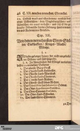 Cap. XII. Von denen vornehmsten Ehren-Stellen, Einkuenfften, Krieges-Macht, Muentze