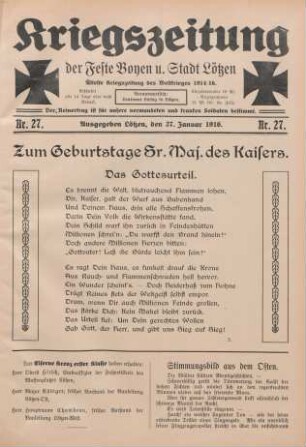 1916: Kriegszeitung der Feste Boyen und der Stadt Lötzen