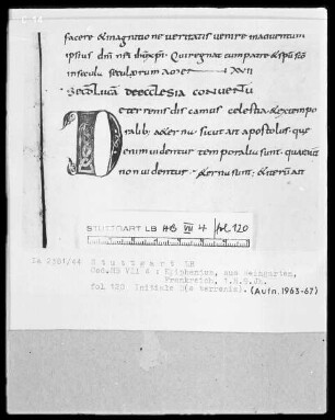 Epiphanius Latinus, Interpretatio evangeliorum — Initiale D(e terranis), Folio 120recto
