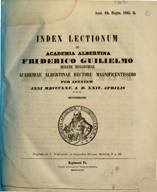 Index lectionum in Academia Albertina ... habendarum. 1865. SS