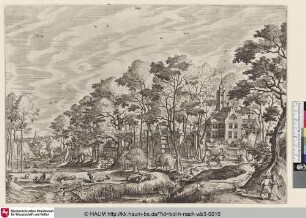 [Stadtansicht mit einer Schlossanlage rechts und einem Bach im Vordergrund; View of a village with a castle to the right, in foreground a peasant couple with a dog]