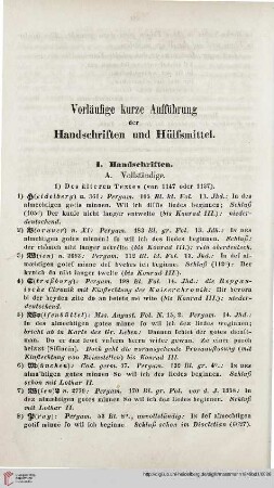 Vorläufige kurze Aufführung der Handschriften und Hülfsmittel
