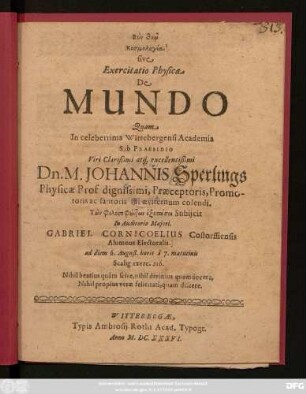 Kosmologia. sive Exercitatio Physica De Mundo