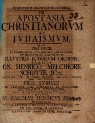 Dissertatio inavgvralis ivridica De apostasia Christianorvm ad Jvdaismvm