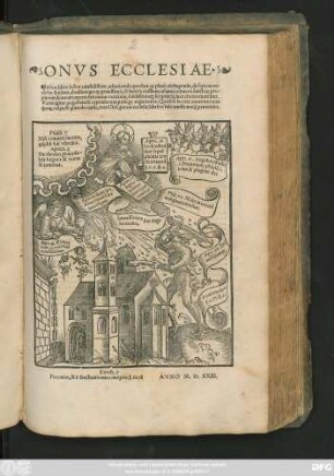 ONVS ECCLESIAE. || In hoc libro ... admiranda quaedam ac planè obstupenda, de septem ec-||clesiae statibus, abusibus quo#[que] grauissimis, & futuris eiusdem calamitatibus ex sancto#[RUM] pro-||phetijs & nouarum reuelationum vaticinijs, solidissimis#́[que] scripturis, luce clarius enarrãtur.|| ... ||