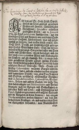 Aus dem auf Sr. Hoch-Fürstl. Durchl. Unsers im Leben gnädigst gewesenen Fürsten und Herrns ... specialiter ertheilten ... Befehl, am 11. Januarii 1713. ... Ausschreiben, hat ... man sich gehorsamlich zu erinnern, was massen ... Se. Hoch-Fürstl. Durchl. aus ... Landes-Vätterlichen Eyfer, Sich eine der vornehmsten Regierungs-Sorgen seyn lassen, wie Dero Lande und Fürstenthum, ... aufrecht erhalten werden mögten, ... [Signatum unter hiervorgedruckt- Hoch-Fürstl. Cammer-Secret-Insiegel, Onolzbach, den 19. Nov. 1723.]
