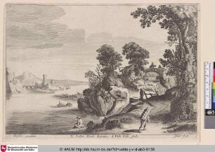 [Flusslandschaft mit Reisenden auf einer Straße; Riverlandscape with Travellers on a Road]