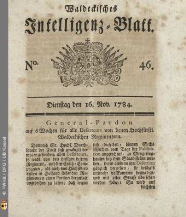 No. 46, Dienstag den 16. Nov. 1784