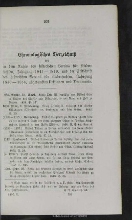 Chronologisches Verzeichnis der in dem Archiv des historischen Vereins für Niedersachsen, Jahrgang 1845-1849, und der Zeitschrift des historischen Vereins für Niedersachsen, Jahrgang 1850-1856, abgedruckten Urkunden und Documente