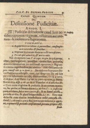 Caput Quintum. De Defensione Pudicitiae.