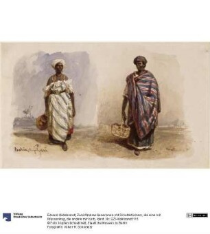 Zwei Afrobrasilianerinnen mit Schultertüchern, die eine mit Wasserkrug, die andere mir Korb