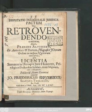 Disputatio Inauguralis Iuridica Pactum De Retrovendendo continens