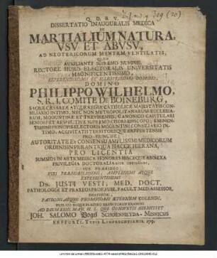 Dissertatio Inauguralis Medica De Martialium Natura, Vsv Et Abvsv, Ad Neotericorum Mentem Ventilatis